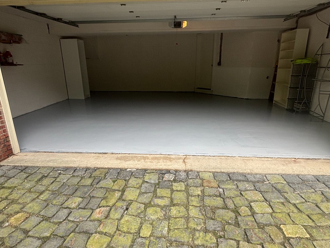 Quality restoration of garage floor with Sherwin Williams Epoxy in Florham Park NJ